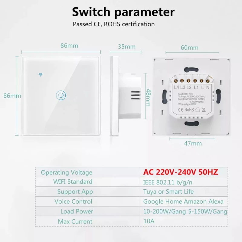 WiFi Smart EU Touch Glass Switch Panel 1-4 Gang(RSH-SP001-004-EU )